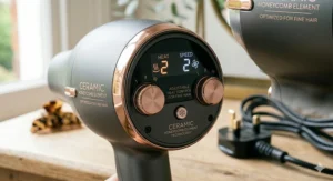 A digital display showing low heat and airflow settings on a ceramic hairdryer, ideal for styling fine hair without frizz.