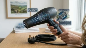 Alt text for image 6: The handle of a tourmaline hair dryer showing UK-standard variable heat and speed control buttons.