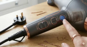 Close-up of the UK plug and variable heat and speed switches on the handle.