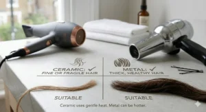 A visual guide outlining which hair type is best suited for each dryer: fine or damaged hair for ceramic, and thick or healthy hair for metal dryers.