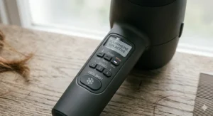 Alt text for image 6: A macro photograph focusing on the handle controls of a matte black hair dryer, showing the Tourmaline Ion Active screen alongside specific temperature, speed, and Cool Shot buttons.