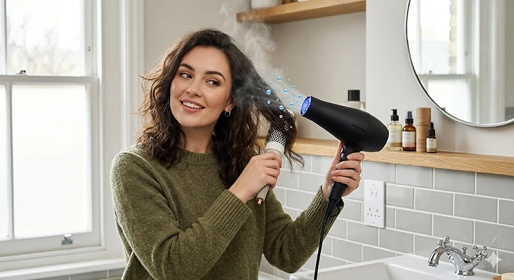 A woman with smooth, shiny hair using a professional ionic hair dryer to reduce frizz in a modern British bathroom. ionic hair dryer for frizzy hair