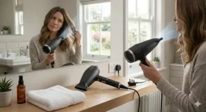 Close-up of hands adjusting the digital heat, speed, and memory recall settings on the hair dryer.