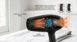 Technical illustration showing a ceramic hair dryer’s internal ioniser releasing negative ions to neutralise static and flyaways.