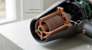 A detailed cross-section illustration showing the ceramic-coated coils and heating mechanism inside a quality hair dryer to produce gentle infrared heat.