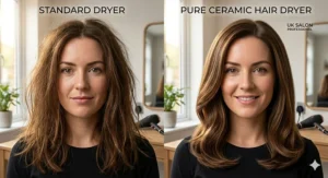 Interchangeable accessories including a slim concentrator nozzle and a volume-boosting diffuser for curly hair styling.