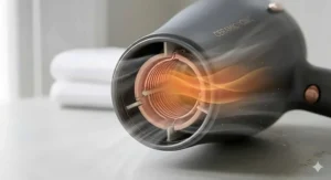 An infographic illustration showing how a ceramic hair dryer generates infrared heat for even airflow, preventing hot spots and hair damage.
