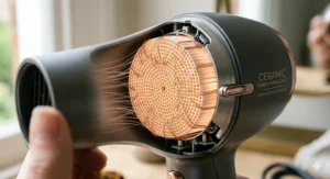 Close-up illustration of a ceramic heating element providing even heat distribution for protecting delicate fine hair.