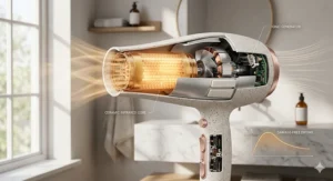 Close-up illustration of a pure ceramic heating element emitting gentle far-infrared heat for damage-free drying.