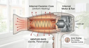 Illustration showing how ceramic plates generate gentle infrared heat to dry hair from the inside out, reducing heat damage.