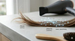 An illustrated demonstration of negative ions from a ceramic hair dryer, showing the cuticle smoothing process to neutralise static and reduce frizz.