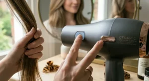 A finger pressing the cool shot button on a ceramic hair dryer to set a hairstyle and add shine to fine hair.
