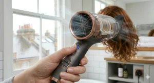 Close-up of the blue cool shot button used to set hair styles and add shine.