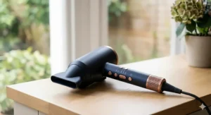 Close-up of a hair dryer handle showing digital LED indicators for three distinct heat settings.