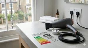 An illustration showing a ceramic hair dryer plugged into a UK standard three-pin socket, with a graphic overlay highlighting its optimised, lower energy consumption.