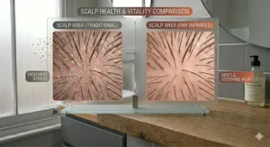 A comprehensive 4K photorealistic technical illustration chart titled 'SCALP HEALTH & VITALITY COMPARISON'. The background features a detailed close-up of a human scalp split into two comparative halves. Layered over the left side is a traditional silver hairdryer alongside damaged cross-section hair shafts under 'SCALP AREA (TRADITIONAL)' showing 'HIGH HEAT STRESS'. Layered over the right side is a premium black far infrared hairdryer emitting a smooth red beam onto a healthy hair shaft diagram under 'SCALP AREA (FAR INFRARED)' with callouts for 'FAR INFRARED PENETRATION TO CORTEX', 'GENTLE, SOOTHING HEAT', and 'GENTLE HEAT TO DERMIS'. The chart rests on a wooden bathroom vanity in natural light with a coiled grey power cable in the foreground.