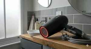 A high-resolution, detailed photorealistic illustration depicting a hair shaft in cross-section next to the black far infrared hair dryer. Glowing red arrows labelled 'FAR INFRARED' and 'CUTICLE PENETRATION' show the waves reaching the cortex, with other labels like 'FAST DRYING' and 'FRIZZ REDUCTION' highlighting the technology's benefits. The bathroom setting is visible with natural light.