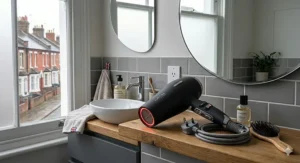 A photorealistic close-up illustration focusing on the glowing front nozzle of the black far infrared hair dryer. It shows the red-hot mesh and internal components, casting a subtle red light on the oak vanity. The perspective is lower, highlighting the far infrared heating technology in high detail and natural bathroom light.