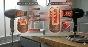 A photorealistic comparison chart illustrating the different drying finishes. The left visual, 'Traditional Blow-Dry Damage,' shows microscopically damaged, rough hair strands and text for 'Lifted Cuticles & Frizz'. The right visual, 'Far Infrared & Ionic Finish,' shows smooth, sleek hair strands, blue negative ions, and text for 'Sealed Cuticles' and 'Glossy Finish'. A small graphic of a negative ion is included. This illustrative comparison uses elements derived from the complex hair shaft model. The background is the bathroom setting with natural light.