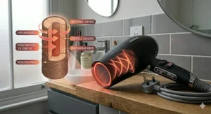 A photorealistic comparison chart illustrating the deep cortex heating of a far infrared hair dryer (right) versus the surface-level heating of a traditional hairdryer (left). A clear visualisation shows the far infrared rays penetrating the complex cuticle structure of the hair shaft, labelled for deep cortex heating and cuticle sealing. The background features the bathroom environment with natural light.
