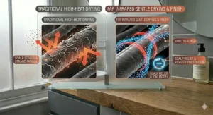 A photorealistic comparison display of human scalp and hair health under different drying methods. On the left, 'SCALP AREA (TRADITIONAL)', shows a dry, slightly flaked scalp and damaged follicles with small frizz particles from high heat. On the right, 'SCALP AREA (FAR INFRARED)', shows a healthy, smooth, supple scalp with nourished follicles. The overall title 'SCALP HEALTH & VITALITY COMPARISON' is in a grey-to-red gradient bar. The display is on the oak vanity from previous images, with the 'London Botanicals' bottle sharply focused. Natural light highlights the intricate details.