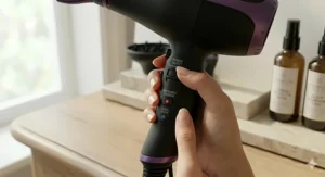 Alt text for image 6: Therapeutic infrared glow illustrating the gentle, low-heat setting for scalp care and protective drying of fine, damaged hair.