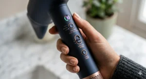 Detailed view of the cool shot button on a high-performance hair dryer for setting styles.