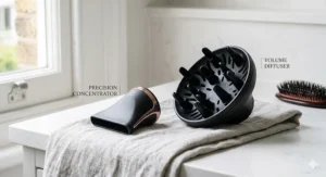 Illustrations of a slim concentrator nozzle and a volume diffuser attachment for a ceramic hair dryer.