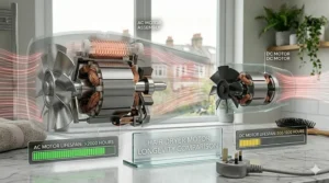 A bar chart comparing the longer lifespan of AC motors versus the shorter lifespan of DC motors.