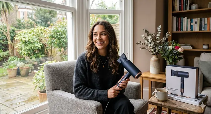A professional hair dryer with multiple heat settings and speed controls on a clean surface. hair dryer with multiple heat settings