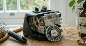 Close-up of the cool shot button on a dc motor hairdryer for locking in hairstyles.