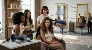 A professional hairstylist using a salon-grade AC motor hair dryer to create a polished, voluminous blowout for a client.