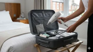 A person packing a small, travel-friendly DC motor hair dryer into a suitcase.
