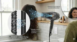 Technical diagram showing how negative ions break down water clusters to close the hair cuticle for a frizz-free finish.