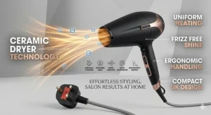 A step-by-step illustration showing a person sectioning damp hair before using a ceramic hair dryer for a salon-quality finish.
