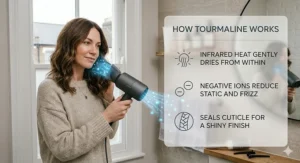 Alt text for image 2: A close-up of a premium tourmaline hair dryer featuring a digital display that shows a microscopic view of hair cuticle repair, labelled with Moisture-Lock Ionic Action.