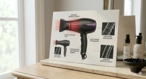 Alt text for image 4: Display of magnetic styling attachments for a premium infrared hair dryer, including a smoothing nozzle, a broad concentrator, and a volume-boosting diffuser.