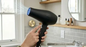 A finger pressing the cold shot button on a hair dryer handle to seal the hair cuticle and add lasting shine.