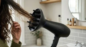 A close-up of a large diffuser attachment being used to dry natural curls without causing frizz or heat damage.