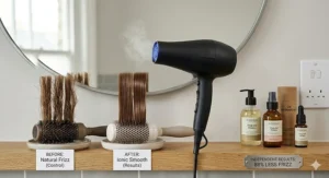 Before and after comparison showing the reduction of frizz on brown hair after using an ionising hair dryer.
