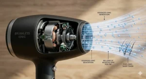 View of the ergonomic brushless hair dryer highlighting the balanced handle and magnetic filter.