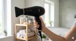 A lightweight pure ceramic hair dryer being held easily, highlighting the comfortable grip for long styling sessions.