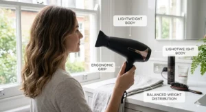 An illustration of the lightweight, ergonomic handle design of a ceramic hair dryer for comfortable home styling.