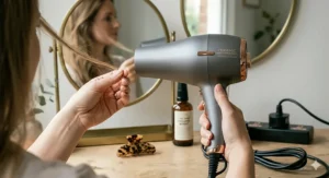 A lightweight ceramic hairdryer being held easily, showcasing its ergonomic design for comfortable styling of fine hair.
