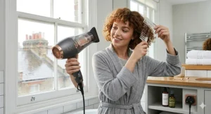 A woman comfortably styling her hair with a lightweight ceramic tourmaline blow dryer.