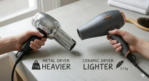 A simple visual graphic comparing the lighter weight of a modern ceramic hair dryer against a heavier, traditional metal model for better ergonomic comfort.