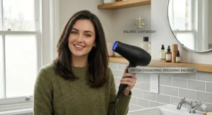 A woman smiling while holding a lightweight, balanced ionic hair dryer during a comfortable home styling session.