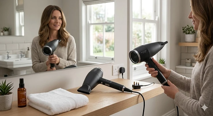 Person holding a professional brushless hair dryer in a bright, modern British bathroom. brushless hair dryer