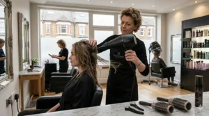 A professional stylist using a high-performance AC motor hair dryer in a UK salon setting.