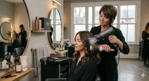 Alt text for image 5: A professional hair stylist in a bright, high-end UK salon using a tourmaline blow dryer and a round barrel brush on a client's hair, with shelves of premium hair care products in the background.